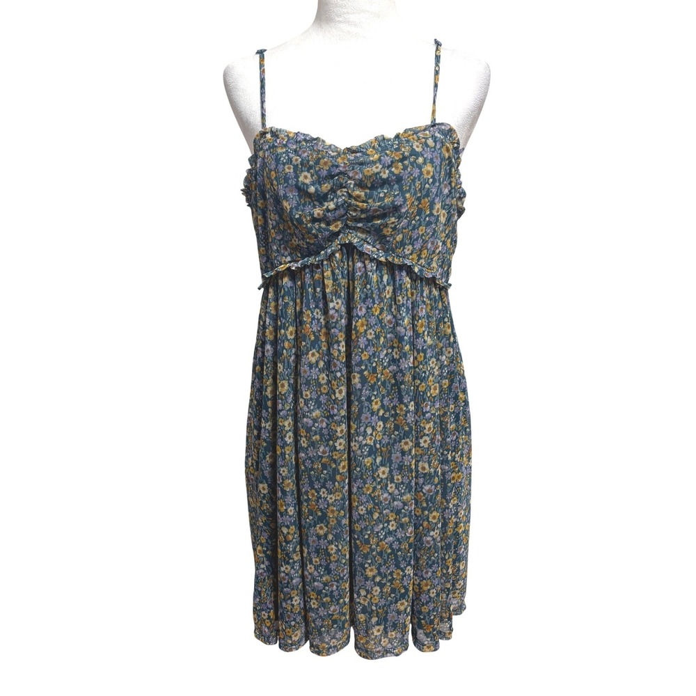 Floral Mesh Babydoll Mini Dress Womens L Stretch Boho Cottage Fairy Festival Y2K